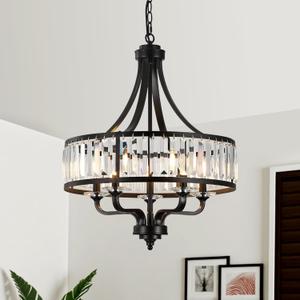 Modern Black Crystal Chandelier,5-Light Farmhouse Dining Room Light Fixture Over Table Adjustable Height Hanging Industrial Pendant Lights Kitchen Island,Living Room Kitchen Island Entryway (20")