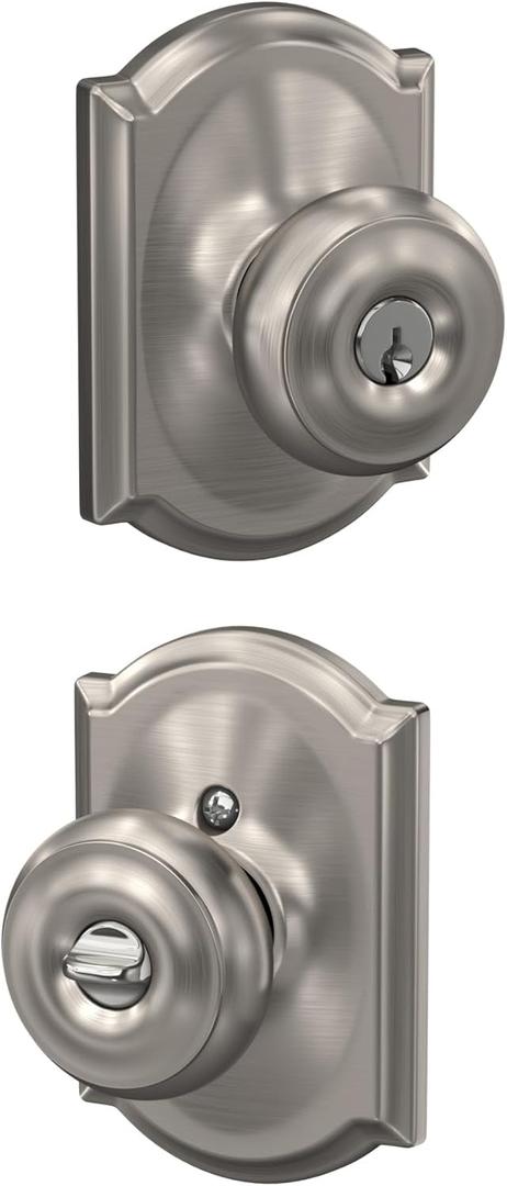 SCHLAGE F51A GEO 619 CAM Georgian Knob with Camelot Trim Keyed Entry Lock, Satin Nickel