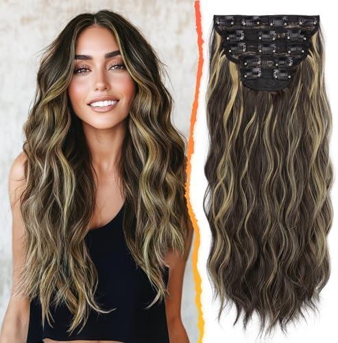 BARSDAR Wavy Clip in Hair Extensions - 20 Inch Highlight Hair Extensions Clip in for Women - 5PCs Thick Soft Synthetic Loose Wavy Clip in Hairpieces – Chocolate Brown with Highlights
