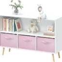 Kids Bookcase and Bookshelf, Multi Shelf Toy Storage Organizer, Kids Bookshelf with 3 Collapsible Fabric Drawers and Pine Legs, Kids Book and Toy Display Rack for Bedroom, Playroom White+Pink, 35.43 x 11.02 x 23.62 inches