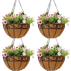 EIMQUVW Outdoor Metal Hanging Planters Basket (4pack, 14 inch) Hanging Baskets for Plants Chain Round Wire Plant Holder with Coco Fiber Liners for Garden, Patio, Deck, Porch(Flower Border)