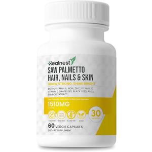 HEALNEST Hair, Nails & Skin Care Supplement with Saw Palmetto, Biotin, Amla - 60 Non-GMO, Gluten Free, Veggie Capsules for Men and Women BBD:08-2026