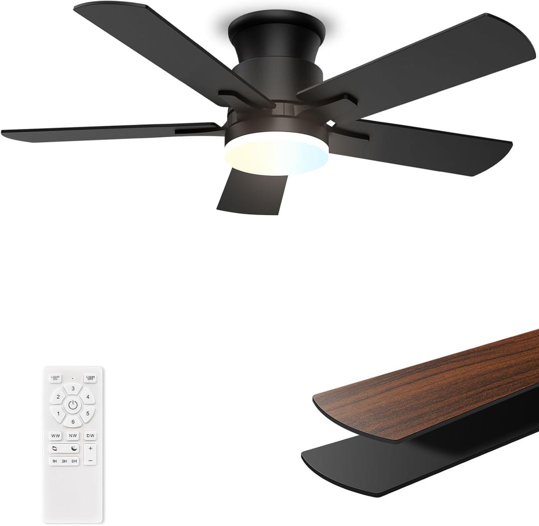 Flush Mount Ceiling Fans with Lights 42 Inch, Remote Control, 3CCT Dimmable, 6 Speeds, Noiseless Reversible DC Motor, Low Profile Hugger Black Ceiling Fan for Living Room, Patio, Indoor/Outdoor, ETL