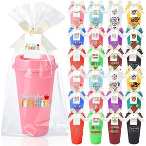 Skylety 24 Pack Teacher Appreciation Gifts Bulk Cups 16 oz Reusable Coffee Tumblers with Lids, Bags & Cards, Thank You Teacher Gifts Set for Appreciation Week, End of Year, Graduation