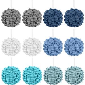 12 Pcs Fuzzy Ball Towel, Chenille Hand Towel Absorbent Fast Drying Hand Drying Puff with Loop Creative Bath Towels Set for Bathroom, 6 Colors