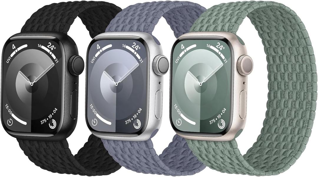 3 Pack Stretchy Braided Solo Loop Compatible with Apple Watch Bands 38/40/41/42mm(Series 10/11) XS-127-135mm wrist Women Men, Elastic Nylon Solace Strap for iWatch Series 11 10 9 8 7 6 5 4 3 Ultra/SE 2 (Black/Bluegrey/Cactus)