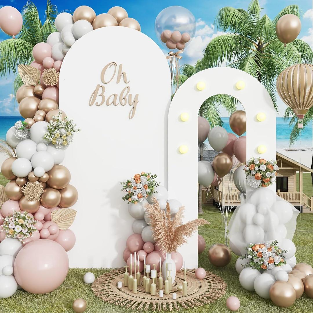 3-in-1 Outdoor Arch Backdrop Stand, 6.2FT+5.5FT Wedding Backdrop Arch Stand Cover with Lights 2 Set Round Top Arch Photo Booth Background Frame for Birthday Baby Shower Halloween Christmas Party Decor (White)