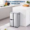 Garvee 3in1 Trash Can, 16 Gal Triple Compartment Garbage Cans for Kitchen, Stainless Steel Trash and Recycle Bin Combo with Lid, Plastic Inner Buckets, Foot Pedals for Office Home, Silver