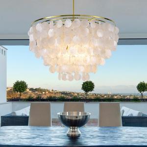 Wellmet Capiz Shell Chandelier, 6 Lights Gold Coastal Chandeliers for Dining Room, Modern Pendant Lighting Fixtures with Seashell Shade for Bedroom Living Room Hallway Foyer, W-23.62