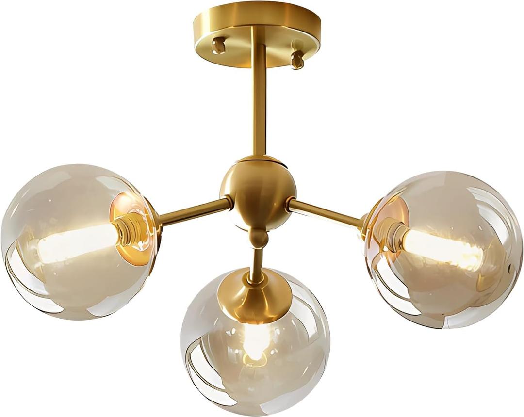 KCO Lighting Small Amber Glass Ceiling Light Bubble Sputnik Chandelier Brass Gold Semi Flush Mount Ceiling Light for Kitchen Bedroom Hallway