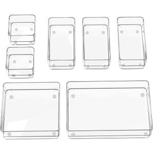SMARTAKE 7-Piece Drawer Organizer with Non-Slip Silicone Pads, 4-Size Desk Drawer Organizer Trays Storage Tray for Makeup, Jewelries, Utensils in Bedroom Dresser, Office and Kitchen (Clear)