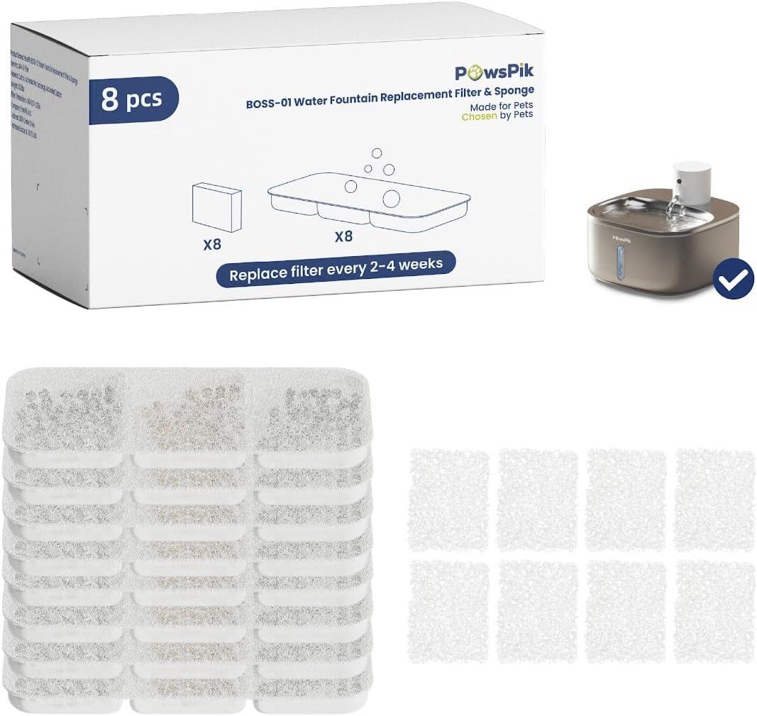 PawsPik Replacement Filters for PawsPik BOSS-01 Wireless Stainless Steel Battery Operated Water Fountain, 8 Pack Filter & Sponges Set for 4 months of Replacement, 5 Layer Filtration