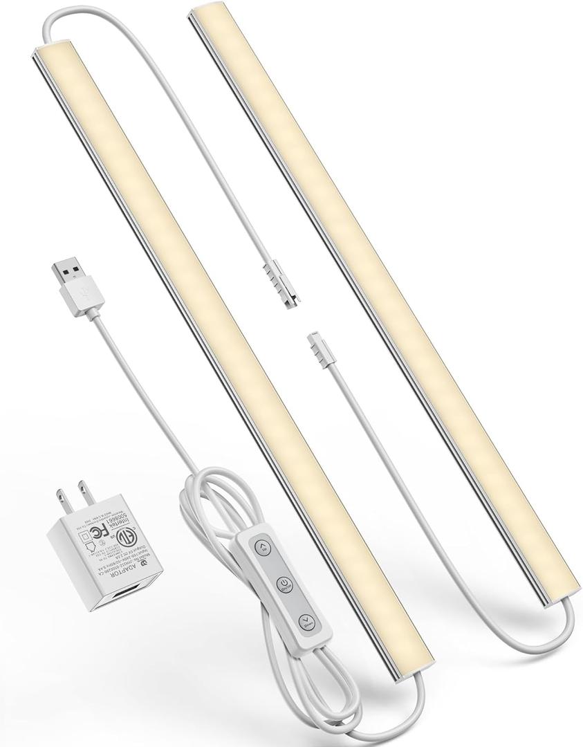 Plug-in Under Cabinet Lighting, Dimmable Under Counter Lights for Kitchen, 2pcs 12 Inch, Warn White 3000K Linkable USB Led Closet Light, Wired Indoor Night Lights Bar for Desk, Sink, Workbench (No motion sensor-2 pack)