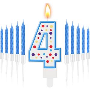 MTLEE Blue Number 4 Birthday Candle with 10 Long Thin Cupcake Candle Happy Birthday Cake Topper Boy Girl for Cakes Sweet Dots Party