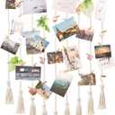 Mkono Teen Girl Room Decor Boho Macrame Hanging Photo Display, Pictures Cards Holder Wall Art for Bedroom Livingroom Dorm Home Teens Women Christmas Birthday Gift, with 40 Wood Clips, 37" L x 23.6''W (Ivory)