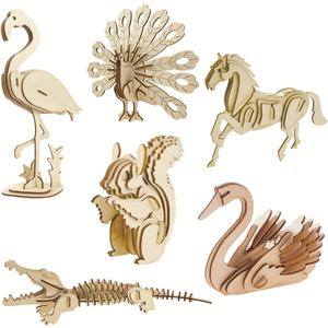 3D Wooden Wild Animal Puzzle - 6 Piece Set Wood Wild Animals Skeleton Assembly Model Kits - Wooden Crafts DIY Brain Teaser Puzzle - STEM 3D Puzzle Gifts for Adults & Teens