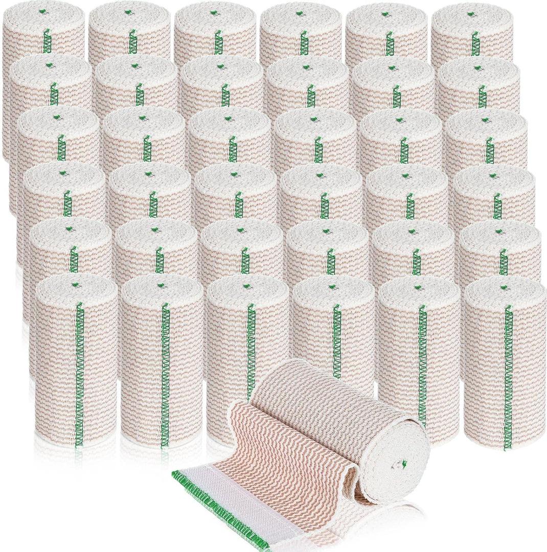 LEIFIDE 36 Pack Compression Bandage Wrap with Self Closure on Both Ends Elastic Bandage for Legs, Knees, Ankles, Wrists, Elbows, Shoulders, Athletic Stretchable Wrap(6 Inch,Green Trim)