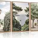 Aurlan Neutral Italy Cityscape Gallery Framed Wall Art(16"x24"), 3PCS Vintage Mediterranean Countryside Landscape Canvas Artwork, Large Town Coast Streets Travel Decor Prints for Office Home