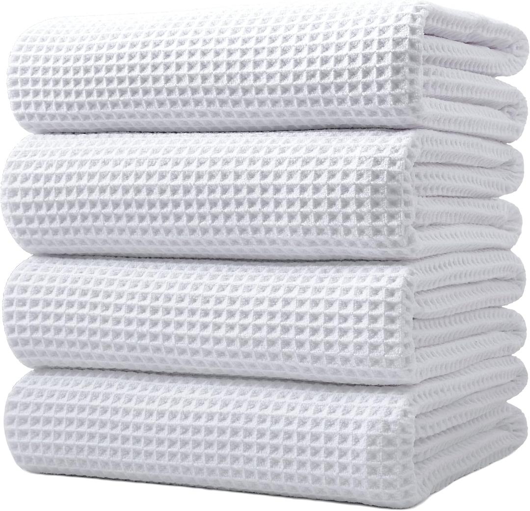 POLYTE Microfiber Oversize Quick Dry Lint Free Bath Towel, 60 x 30 in, 4 Pack (Waffle Weave) (White)