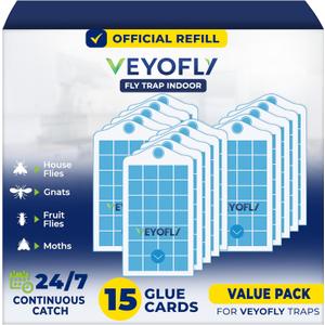 VEYOFLY Fruit Fly Traps for Indoors Refill, Gnat Traps for House Indoor, Fly Catcher, Fly Trap, Fly Trap, Plug in Catch for Fruit Flies, Moths, Gnats, Mosquito Trap (Pack of 15 Refills)