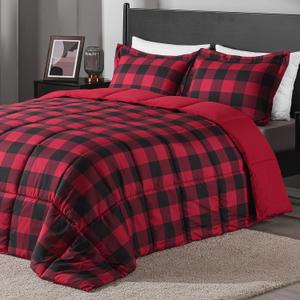 Gownluxe Lightweight Plaid Comforter Set (Queen) with 2 Pillow Shams - 3-Piece Set - Red/Black Plaid - Down Alternative Reversible Comforter