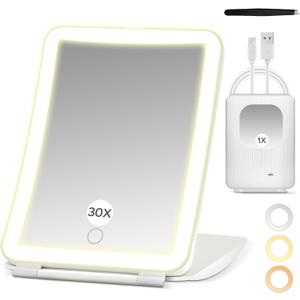 2 in 1 64 LED Travel Magnifying Mirror with Light, 30X/1X Lighted Makeup Mirror, 3 Colors Dimmable Lighting Folding Cosmetic Vanity Mirror, Handheld/Compact/Portable