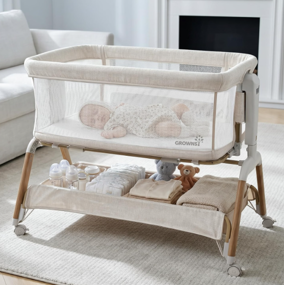 GROWNSY 5-in-1 Baby Bassinet Bedside Sleeper with Gentle Manual Rocking
6 Adjustable Heights, Full Breathable Mesh, Convertible to Portable Crib, Bassinets with Mattress & Wheels, Beige