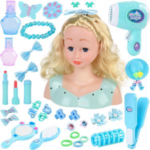 Doll Head for Hair Styling Kids Toy KitPrincess Styling Head Beauty Hair Stylist with Hairdryer Hair Straightener Hair Accessories Set Birthday Gift for Girl 3 4 5 6 7 8+ Year Old Toy
