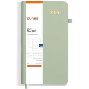 SUNEE 2026 Weekly and Monthly Planner 3.7" x 7.4" (January 2026-December 2026), Half Weekly Half Note, Tall & Slim Size Yearly Calendar Planner, Leather Hardcover, 100 GSM Paper, Inner Pocket, Green
