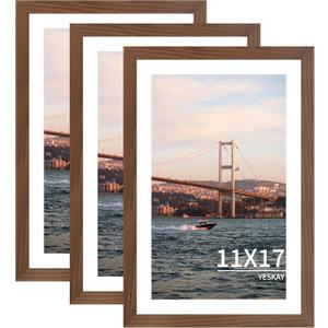 11x17 Picture Frame 3 Pack - Brown Poster Frame Display Pictures 9x15 with Mat or 11 x 17 Without Mat for Wall Hanging Horizontal and Vertical