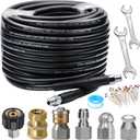 WEST BAY Sewer Jetter Kit 100 FT for Pressure Washer, 5800PSI Drain Cleaner Hose 1/4 Inch NPT Corner Rotating and Button Nose Sewer Jetting Nozzle Spanner Watertight Tape Pearl Corsage Pin (100 Feet, Black)