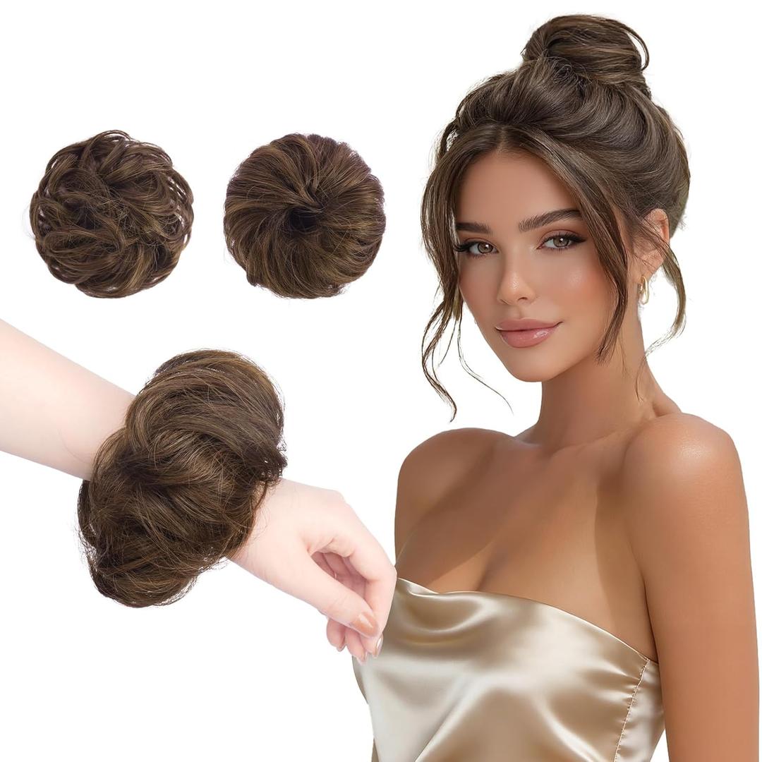 FESHFEN 2PCs Small Messy Bun Hair Piece for Thin Hair Women Girl Mini Synthetic Elastic Wavy Space-bun Scrunchies Updo Hairpieces, Mix Brown