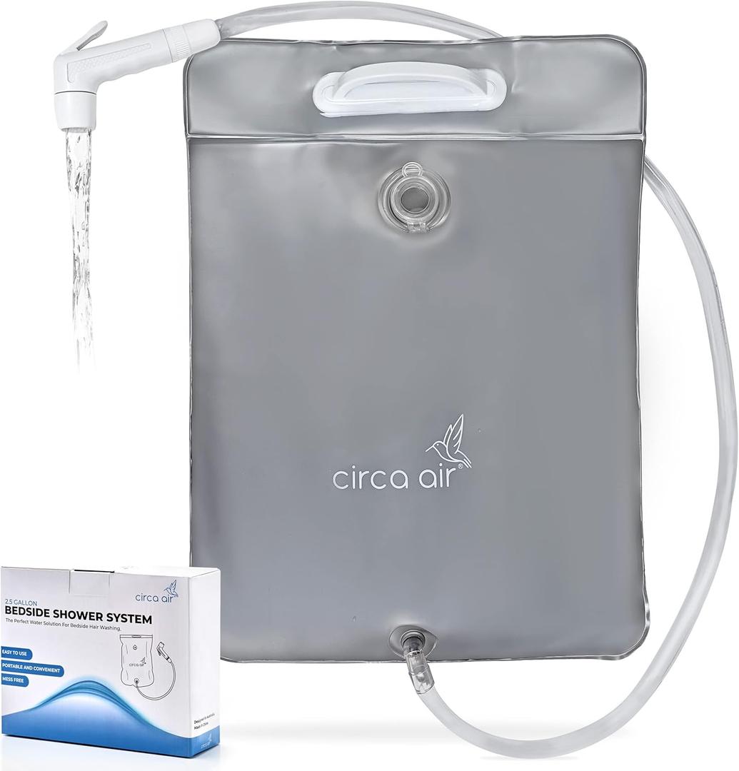 CIRCA AIR Bedside Shower - 2.5 GL Silver Portable Water Shower Bag For Hair Washing In Bed. Use With Inflatable Hair Washing Basin, Shampoo Basin, Bathtub For Elderly