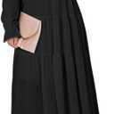 BLENCOT Women's Casual Boho Solid Color Deep V Neck Loose Long Sleeve Long Evening Dress Ruched Cocktail Party Maxi Wedding Dress Black Medium