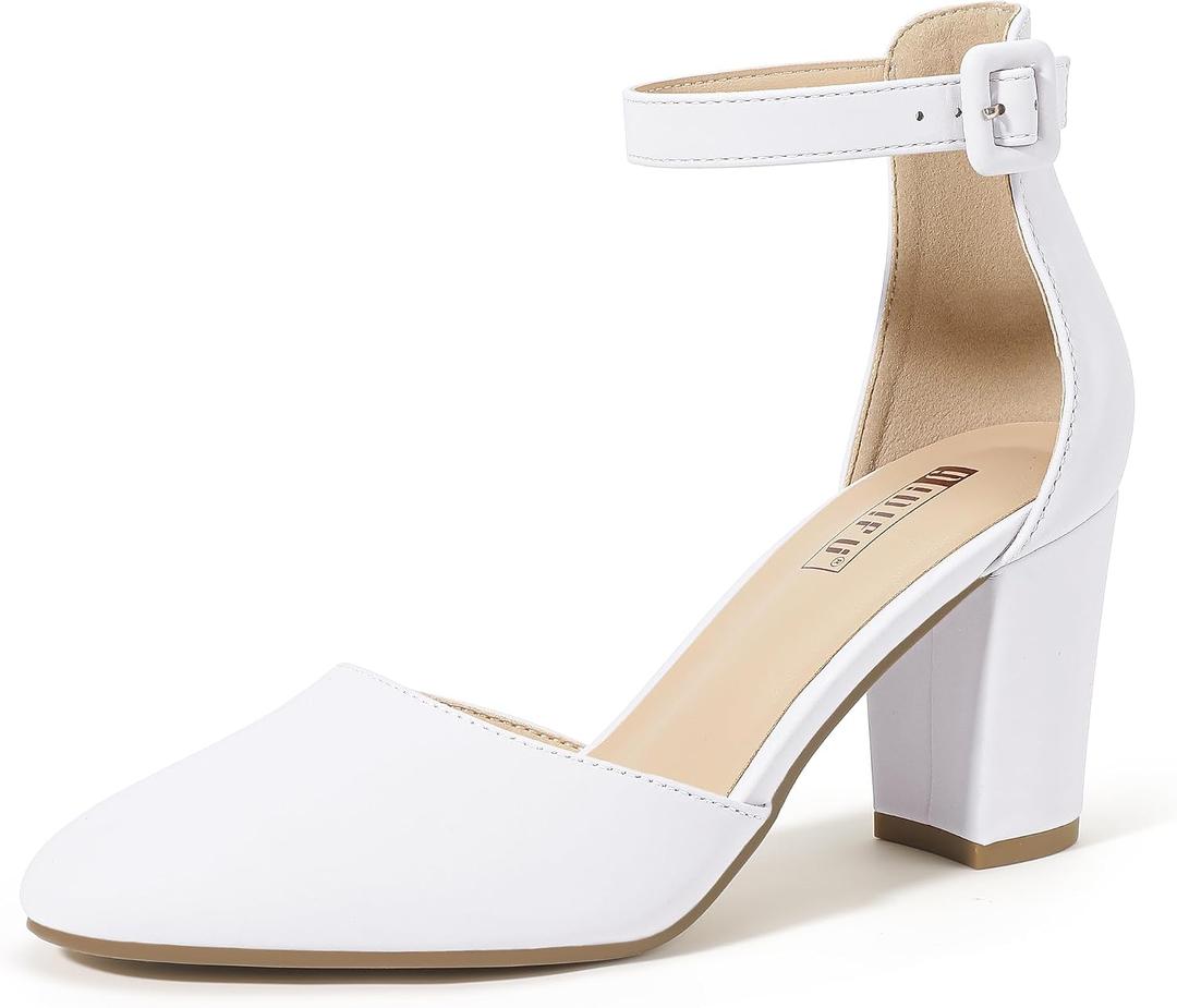 IDIFU IN3 Closed Toe Heels for Women High Chunky Block Heels Women's Pumps Comfortable Dressy Wedding Bride Party Homecoming Prom Work Shoes Fashion Ankle Strap Round Toe Dress Shoes, 6.5
