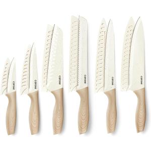 CAROTE 12PCS Knife set with Blade Guards,Granite Nonstick Ceramic Coating,Stainless Steel blade, Wood Grain Handle, Essential knife set,White