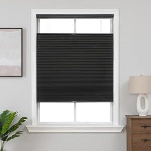 Joydeco No Tools No Drill Blinds for Indoor Windows, Cordless Window Blinds Cellular Shades Top Down Bottom Up Blackout Honeycomb Blinds Thermal Insulated Noise Reduction (Black, 34" W x 64" H)
