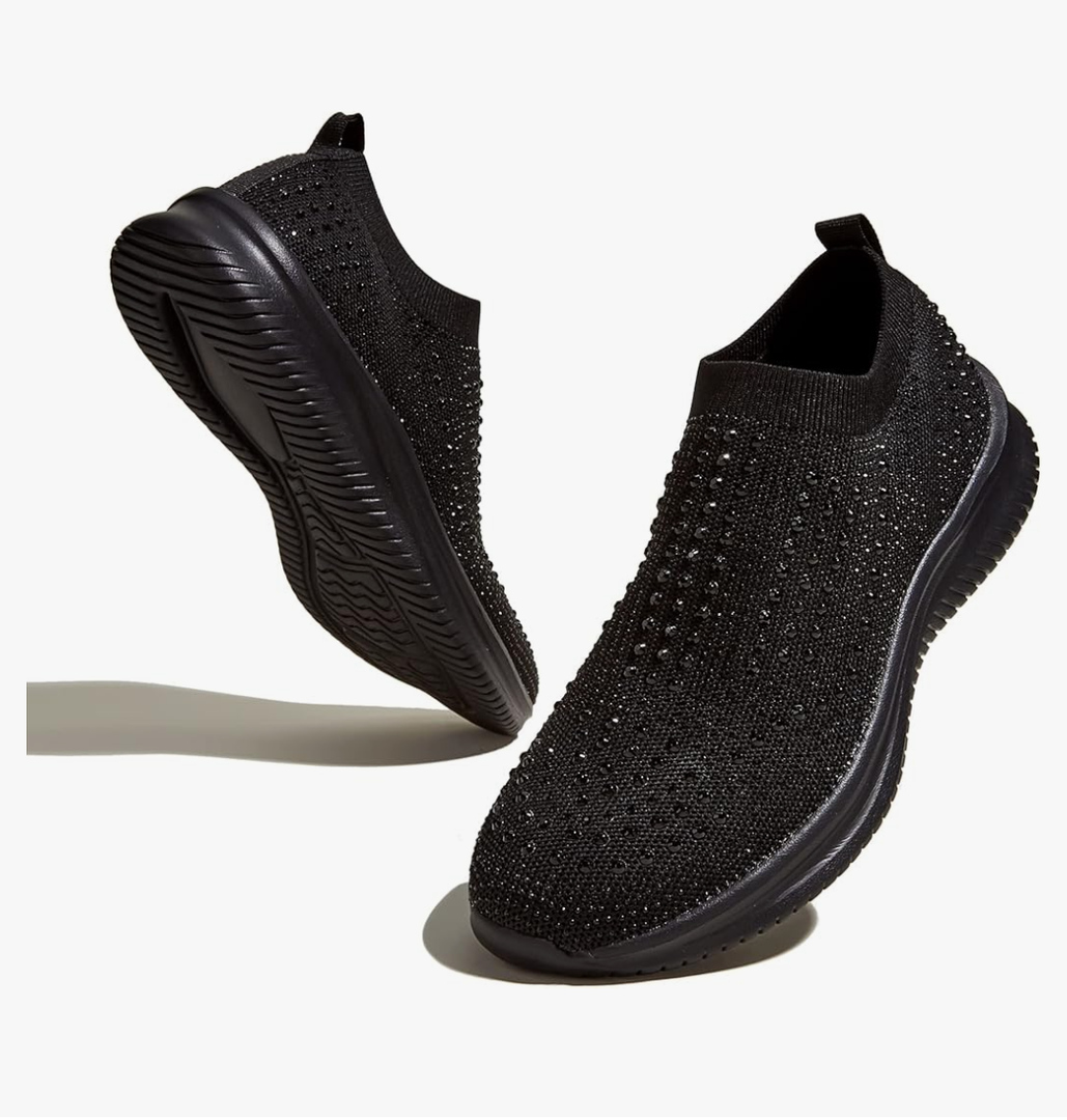 BELOS Women's Rhinestone Mesh Slip On Walking Shoes Fashion Breathable Spakle Glitter Sneakers 7 Black
