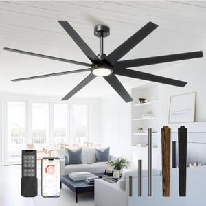 CubiCubi Ceiling Fans with Lights, 72 Inch Industrial/Modern Ceiling Fan with Light and Remote/APP Control, Kitchen Living Room Indoor Use, 35W, 3CCT, Stepless Dimmable, Quiet, Reversible, Black