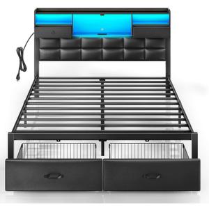 Rolanstar Bed Frame Full Size with Drawers and Charging Station, Upholstered Platform Bed with Storage Headboard and LED Light, Heavy Duty Metal Frame Support, No Box Spring Needed, Noise Free, Black