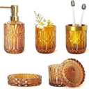 Amber Bathroom Accessories Set, 5Pcs Brown Glass Bathroom Accessories, Hand Soap Dispenser, Soap Dish, Toothbrush Holder Set, Qtips Holder for Vanity Bathroom Decor, Gift Set