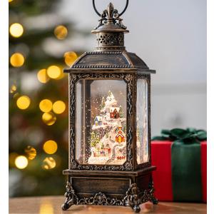 Christmas Village Buildings Snow Globe Lantern Water Glittering Snowman Family with Music & Timer, USB Lined/Battery Operated Lighted Lantern for Christmas Festival Decoration Gifts (11.6'' Xmas Village)