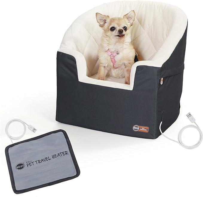 K&H Pet Products Bucket Booster for Small & Medium Dogs - Washable Heated Car Seat with Safety Leashes - Charcoal/ Cream