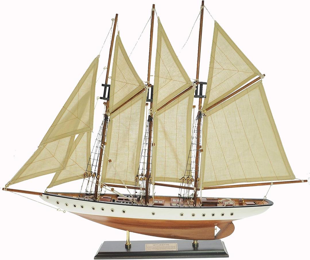 SAILINGSTORY 30" Wooden Sailboat Model Ship Sailboat Decor Schooner Atlantic 1:50 Scale Replica Ivory and Walnut Antique