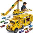 Truck Toys for Kids, Transport Vehicle with 12 Die-Cast Car, Double Race Car Track Cars Ramp Toy, Carrier Truck for Toddler 3-5, Christmas Birthday Gift for 3 4 5 6 7 8 Years Old Boys Girls (Yellow)