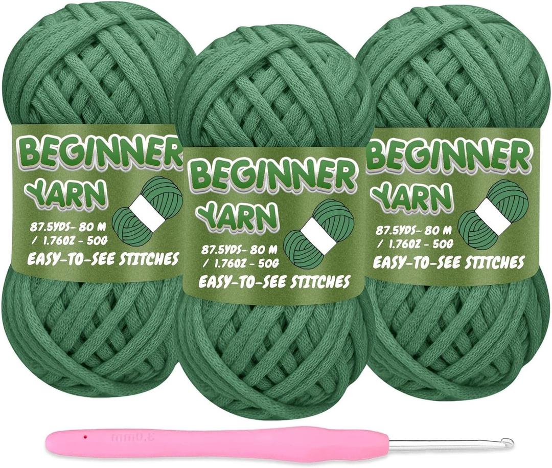 3 Pack Beginners Crochet Yarn, Christmas Green Cotton Yarn for Crocheting Knitting Beginners, Easy-to-See Stitches, Chunky Thick Bulky Cotton Soft Yarn for Crocheting (3x50g)
