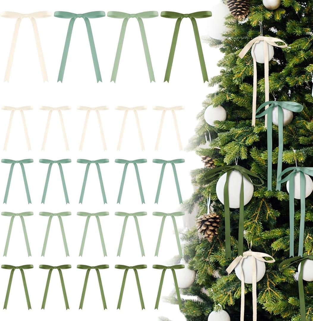 24 Pcs Green Coquette Christmas Bow Decoration Satin Ribbon Bows Twist Tie for Xmas Home Wedding Coquette Aesthetic Party Decor(5" X 7")