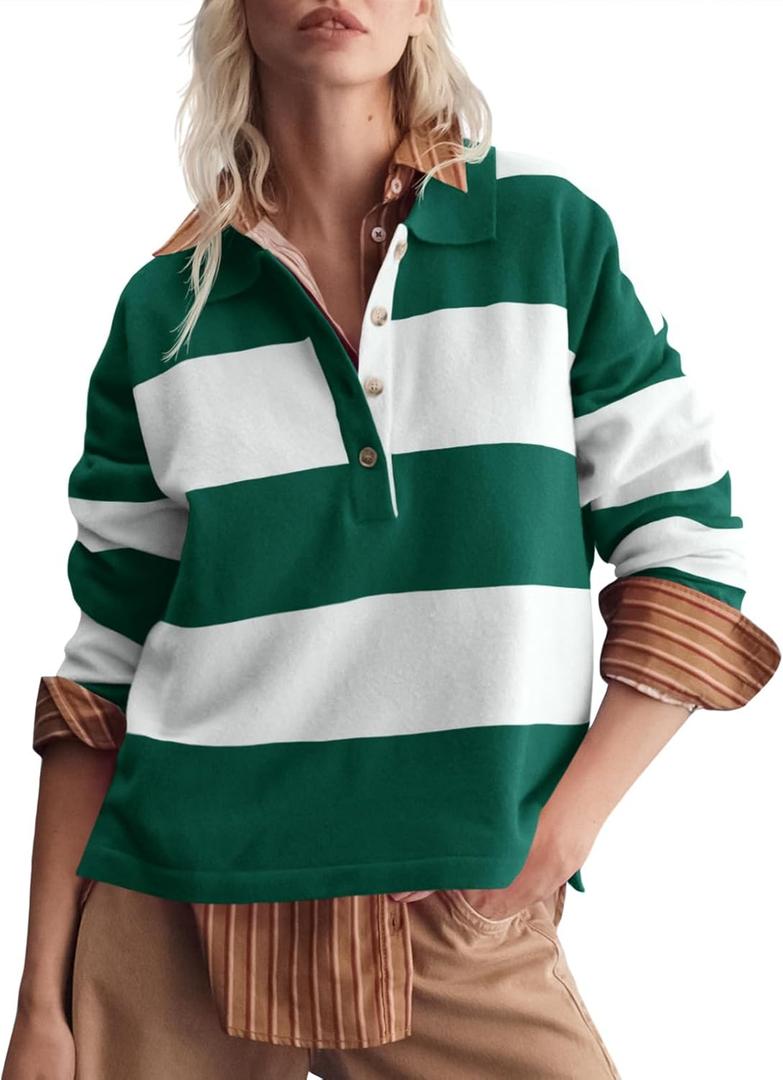 Saodimallsu Womens Striped Collared Sweaters Color Block Polo V Neck Shirts Button Long Sleeve Loose Knit Pullover Tops (Medium, Green)