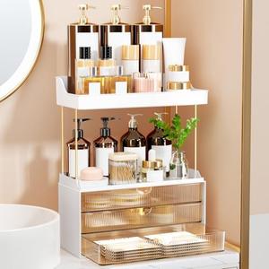 3 Drawers Makeup Organizer - 5 Tier Bathroom Organizers and Storage, Versatile Perfume Vanity Organizer, Ideal for Cosmetic, Large Skincare, Face Mask, Office Supplies, Amber