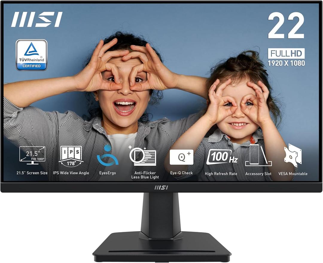 MSI PRO MP225, 22-inch IPS 1920 x 1080 (FHD) Computer Monitor, 100Hz, Adaptive-Synch, HDMI, Video Port, VESA Mountable, Tilt, 1ms, Black